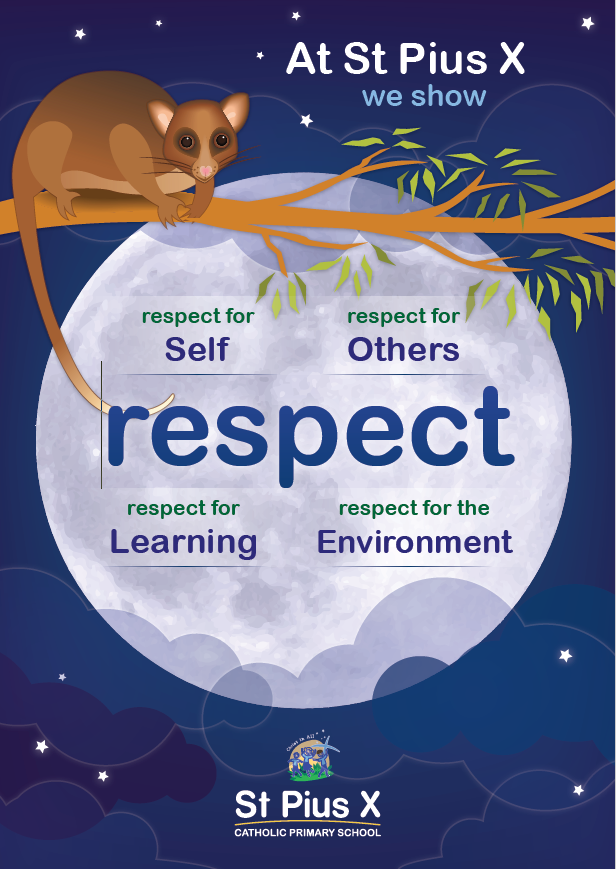 St Pius X Primary School values poster promoting respect for self others learning and the environment as a foundation for positive behaviour and community life