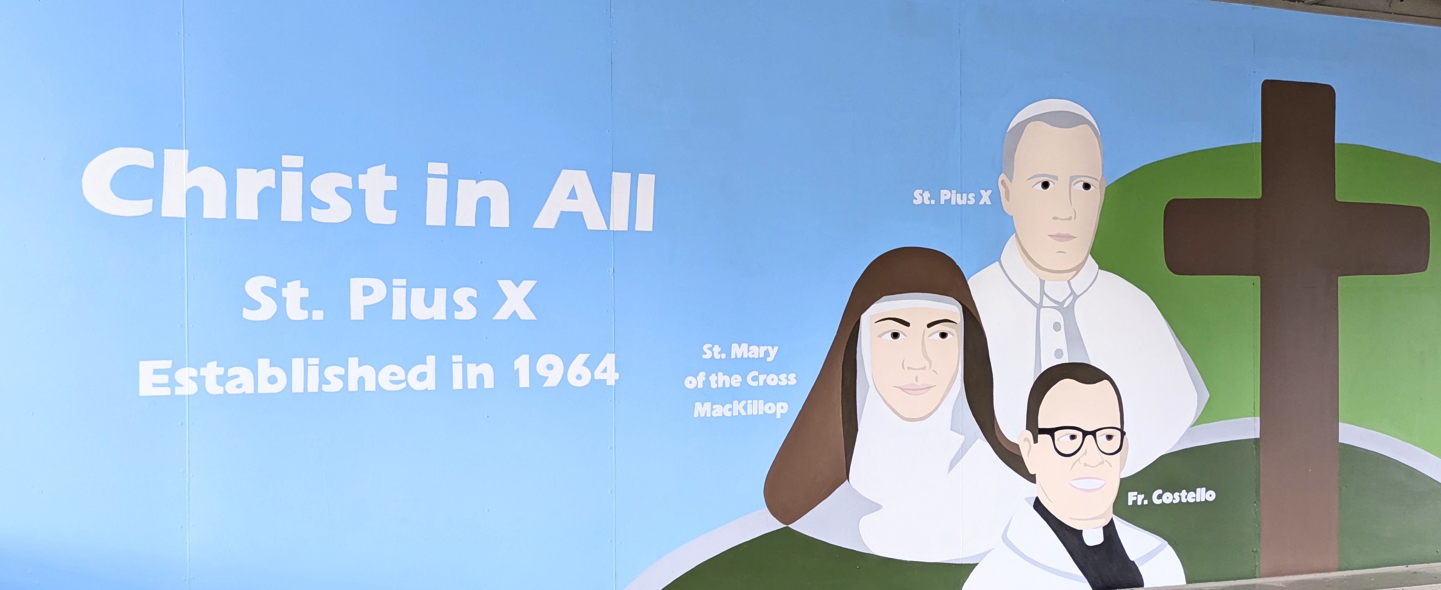 St Pius X Primary School mural showing founding figures and establishment in 1964, highlighting Catholic heritage identity and the foundation of the school community