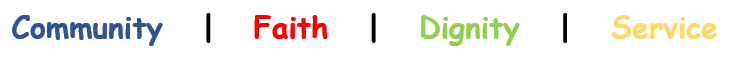 St Pius X Primary School values banner highlighting Community Faith Dignity and Service as core principles guiding learning relationships and school life