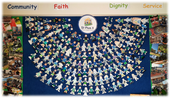 Student artwork display forming a large circular community, highlighting belonging inclusion and shared identity at St Pius X Primary School