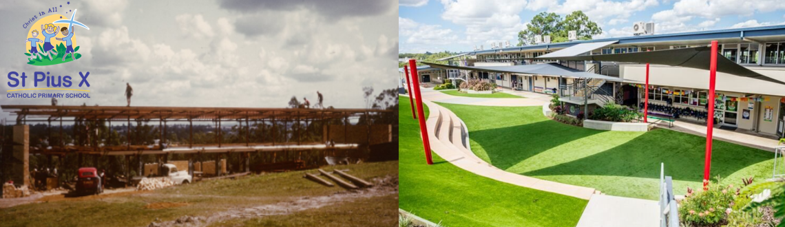St Pius X Primary School historic and modern campus comparison showing early construction of the school and its current contemporary learning environment, highlighting growth, development and enduring community legacy